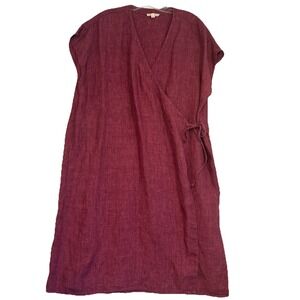 Eileen Fisher Organic Linen Wrap Dress Adjustable V Neck Midi Burgandy Large EUC